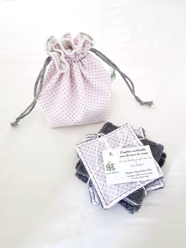 Cotons lavables réutilisable + Pochette de Transport & Rangement blanc pois roses bambou gris