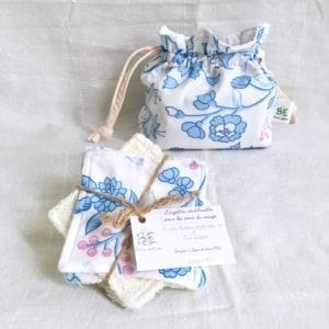 Cotons lavables zéro déchet + Pochette de Transport & Rangement- fleurs bleues
