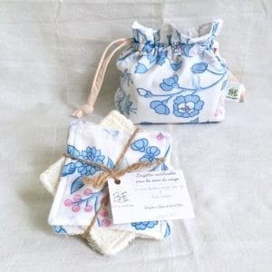 Cotons lavables zéro déchet + Pochette de Transport & Rangement- fleurs bleues