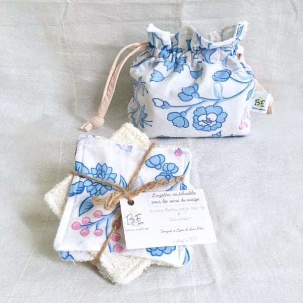 Cotons lavables zéro déchet + Pochette de Transport & Rangement- fleurs bleues