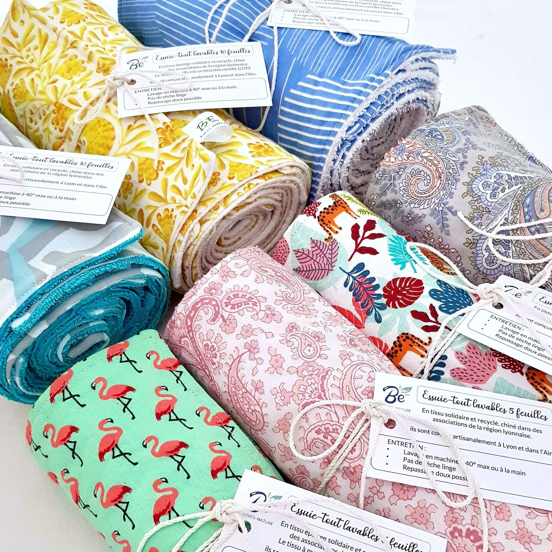 essuie-tout lavables zero dechet en tissu bio et recyclé, par Be Loves Nature